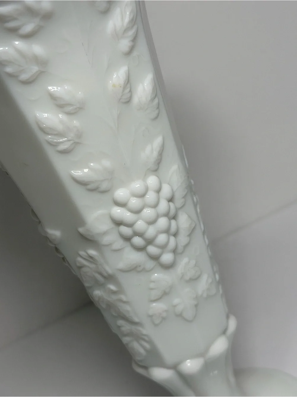Vintage Westmoreland Paneled Grape milk glass pedestal Vase.
